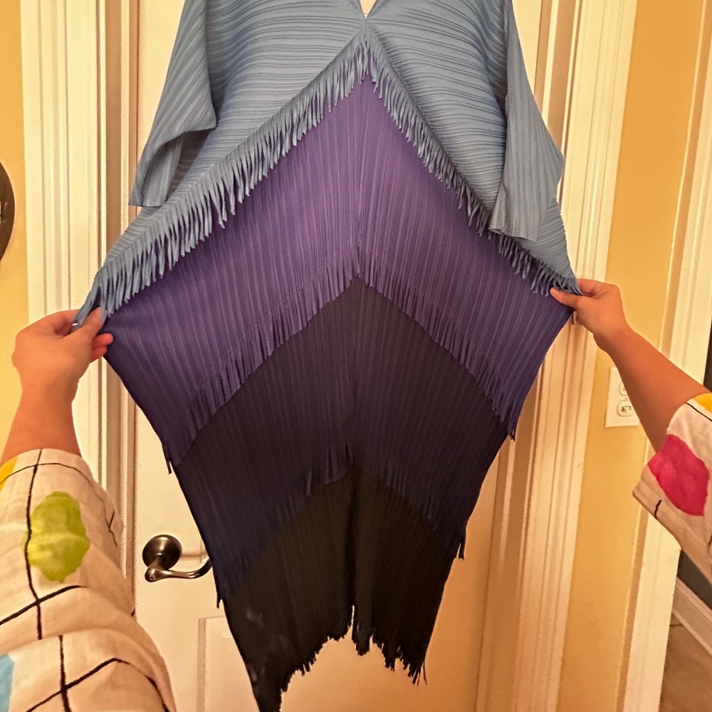 It’s a pleated fringe color block dress